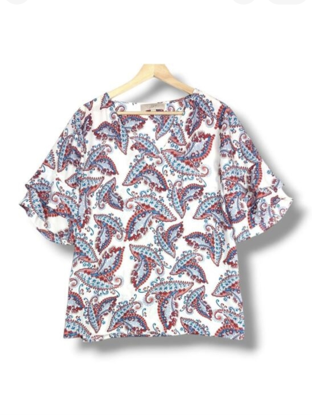 Loft White Paisley Top‎ Layered Short Sleeve Large Women's